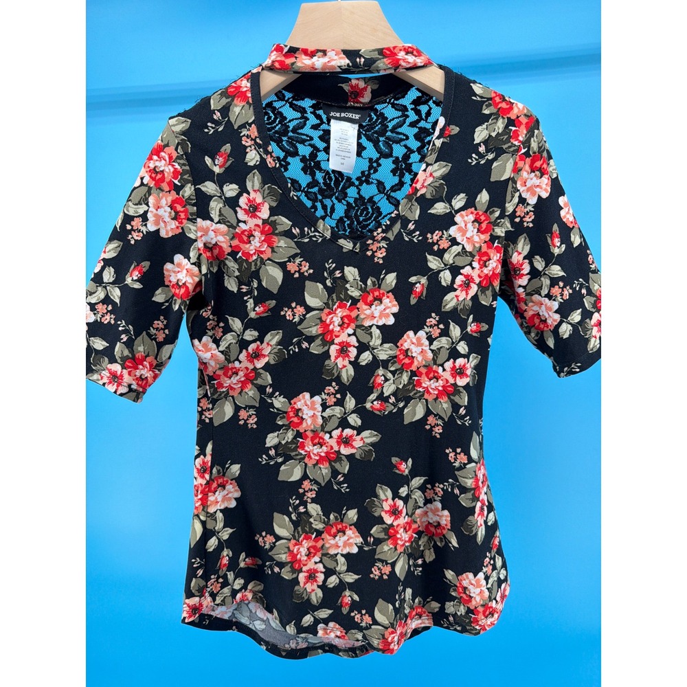 Joe Boxer Black Floral Lace Back Choker V-Neck Top Small Short Sleeve